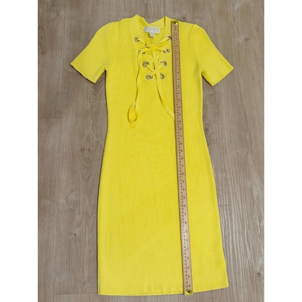 Michael Kors Womens Yellow Ribbed Lace-Up Fitted Chic Midi Sweater Dress Size S